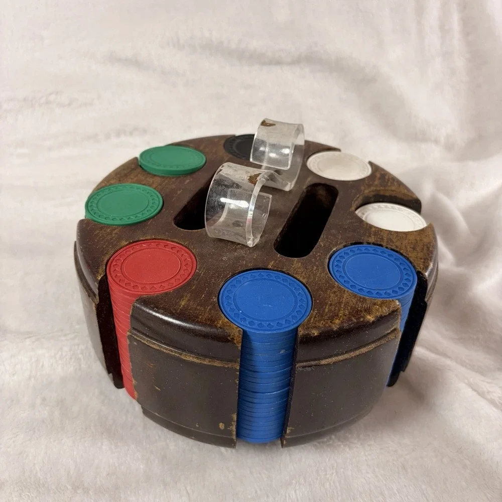 Vintage 60s Rotating Poker Rack Wooden Card Case Carousel Clear Handle 176 Chips